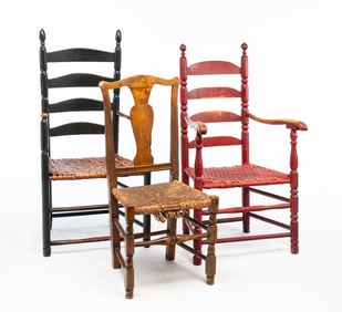 THREE NEW ENGLAND CHAIRS, INCLUDING TWO PAINTED ARMCHAIRS AND MAPLE SIDE CHAIR.