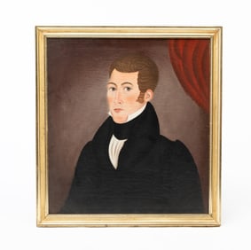 CHARMING NEW ENGLAND FOLK ART OIL ON CANVAS PORTRAIT OF A YOUNG MAN.
