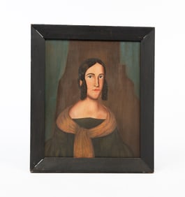 AMERICAN SCHOOL FOLK ART OIL ON BOARD PORTRAIT OF A LADY.