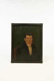 AMERICAN SCHOOL FOLK ART OIL ON BOARD PORTRAIT OF A GENTLEMAN.