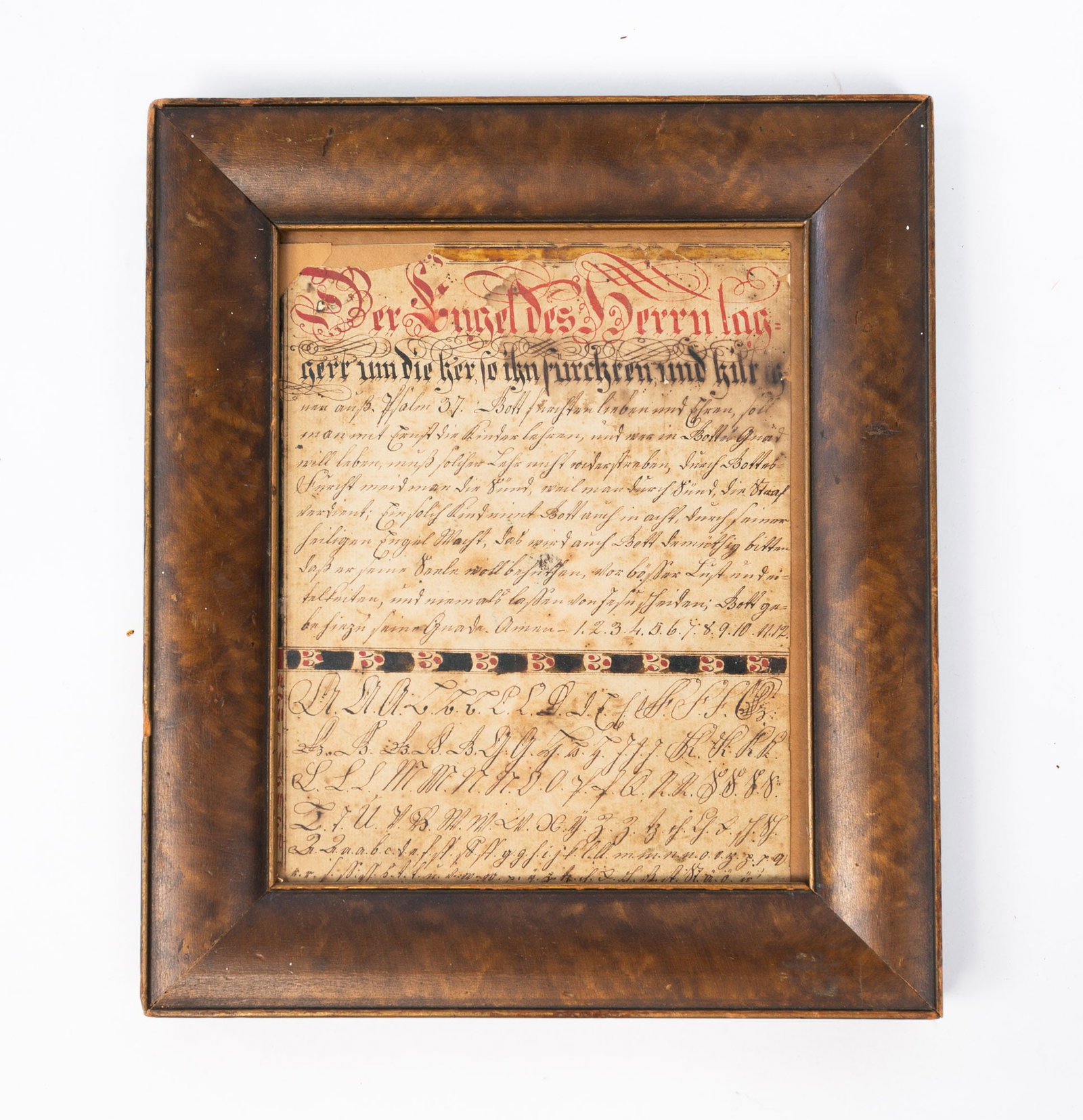 PENNSYLVANIA INK AND WATERCOLOR FRAKTUR.: American (Pennsylvania), 19th Century. Ink and watercolor. Religious text, numerals and alphabets. In a paint decorated frame. Framed, 10.75"h. 9.25"w.Provenance: From the Lifetime Collection of the L