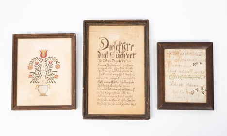 TWO FRAMED FRAKTURS AND A WATERCOLOR.