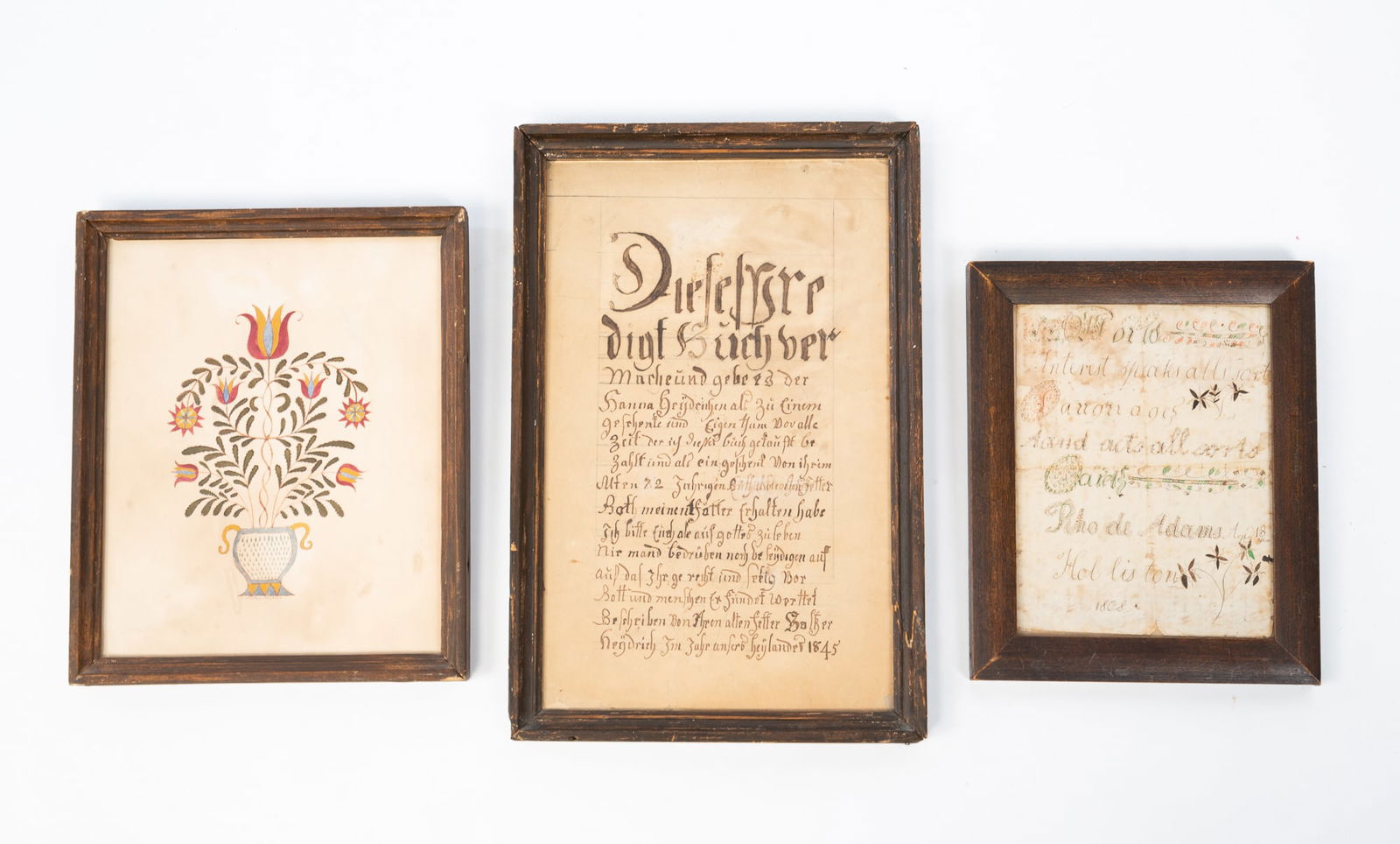 TWO FRAMED FRAKTURS AND A WATERCOLOR. (1 of 5)