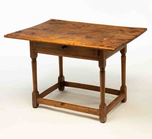AMERICAN PINE AND MAPLE ONE-DRAWER TAVERN TABLE.
