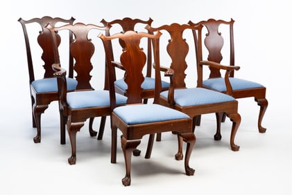 SIX AMERICAN QUEEN ANNE STYLE WALNUT BENCH-MADE DINING CHAIRS.