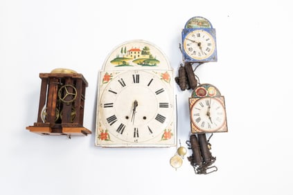 TWO WAG ON THE WALL CLOCKS, A CLOCK FACE, AND BOXED WORKS.