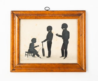 ENGLISH CUT PAPER FULL-LENGTH PROFILE SILHOUETTES OF THREE BOYS HOLDING CRICKET BALLS AND A BAT.