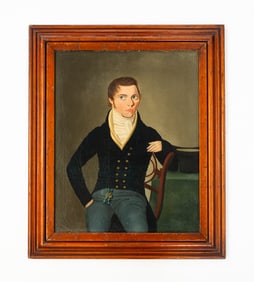 FOLK ART OIL ON CANVAS PORTRAIT OF A SEATED GENTLEMAN.