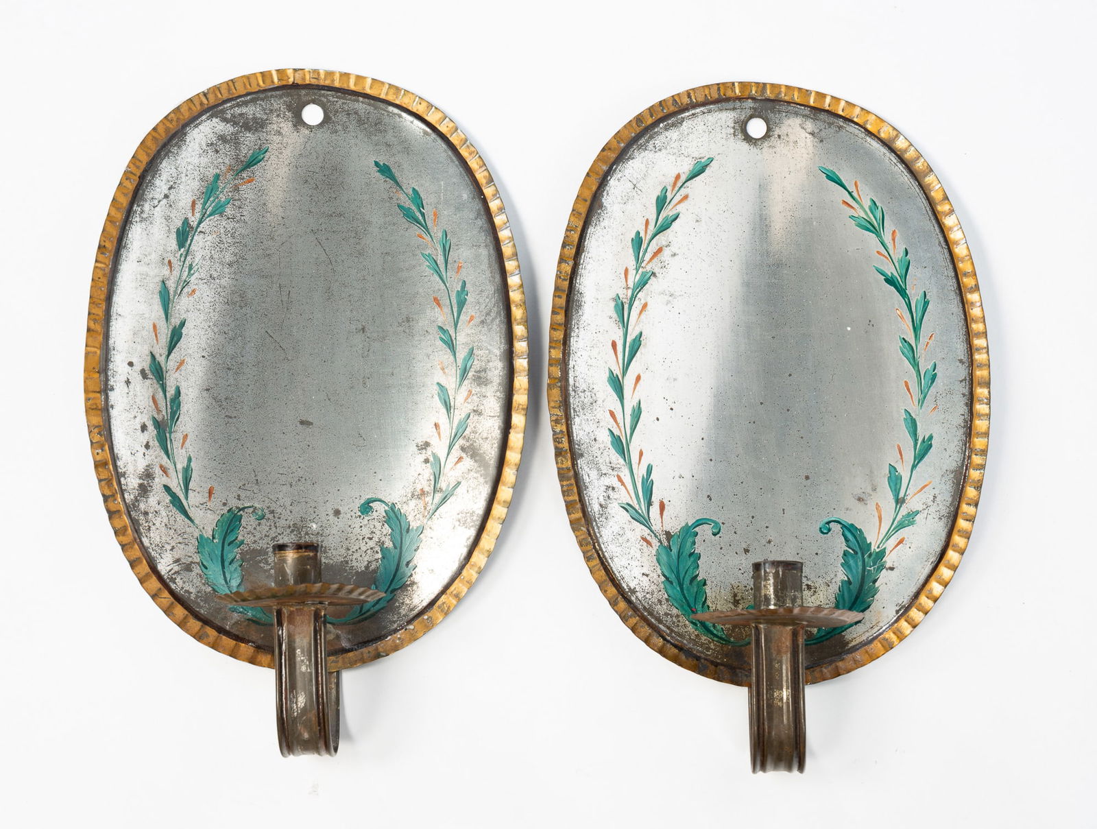 PAIR OF AMERICAN PAINT-DECORATED TIN WALL SCONCES. (1 of 4)