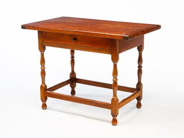 AMERICAN PINE AND MAPLE SINGLE-DRAWER TAVERN TABLE.