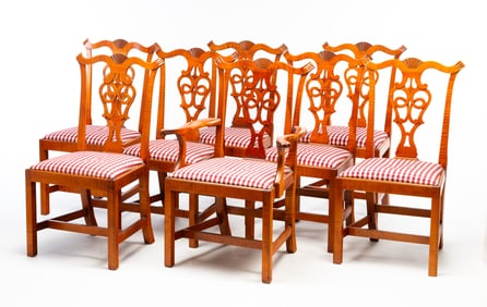 EIGHT ELDRED WHEELER (HANOVER, MASSACHUSETTS) CHIPPENDALE STYLE TIGER MAPLE DINING CHAIRS.