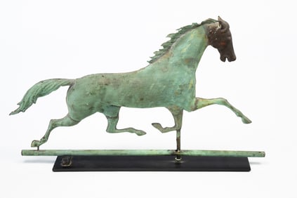 AMERICAN MOLDED COPPER AND CAST IRON FULL-BODIED RUNNING HORSE WEATHERVANE.
