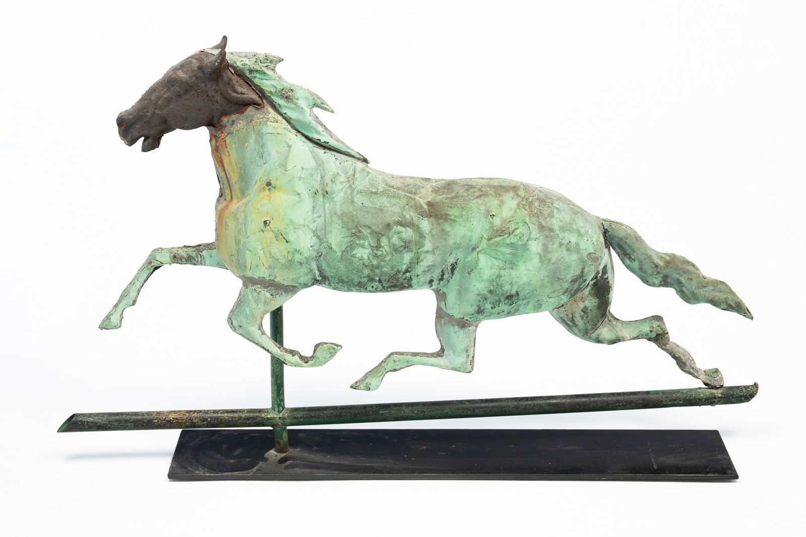 AMERICAN MOLDED COPPER AND CAST IRON FULL-BODIED RUNNING HORSE WEATHERVANE. (1 of 3)