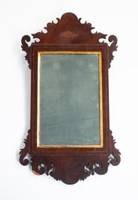AMERICAN CHIPPENDALE FRET-CARVED MAHOGANY AND MARQUETRY MIRROR.