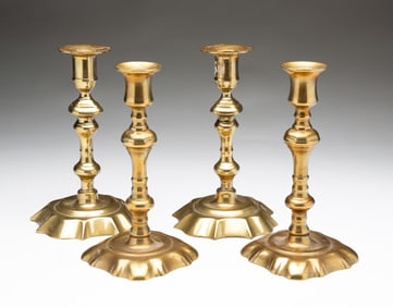 TWO PAIRS OF ENGLISH QUEEN ANNE CANDLESTICKS.