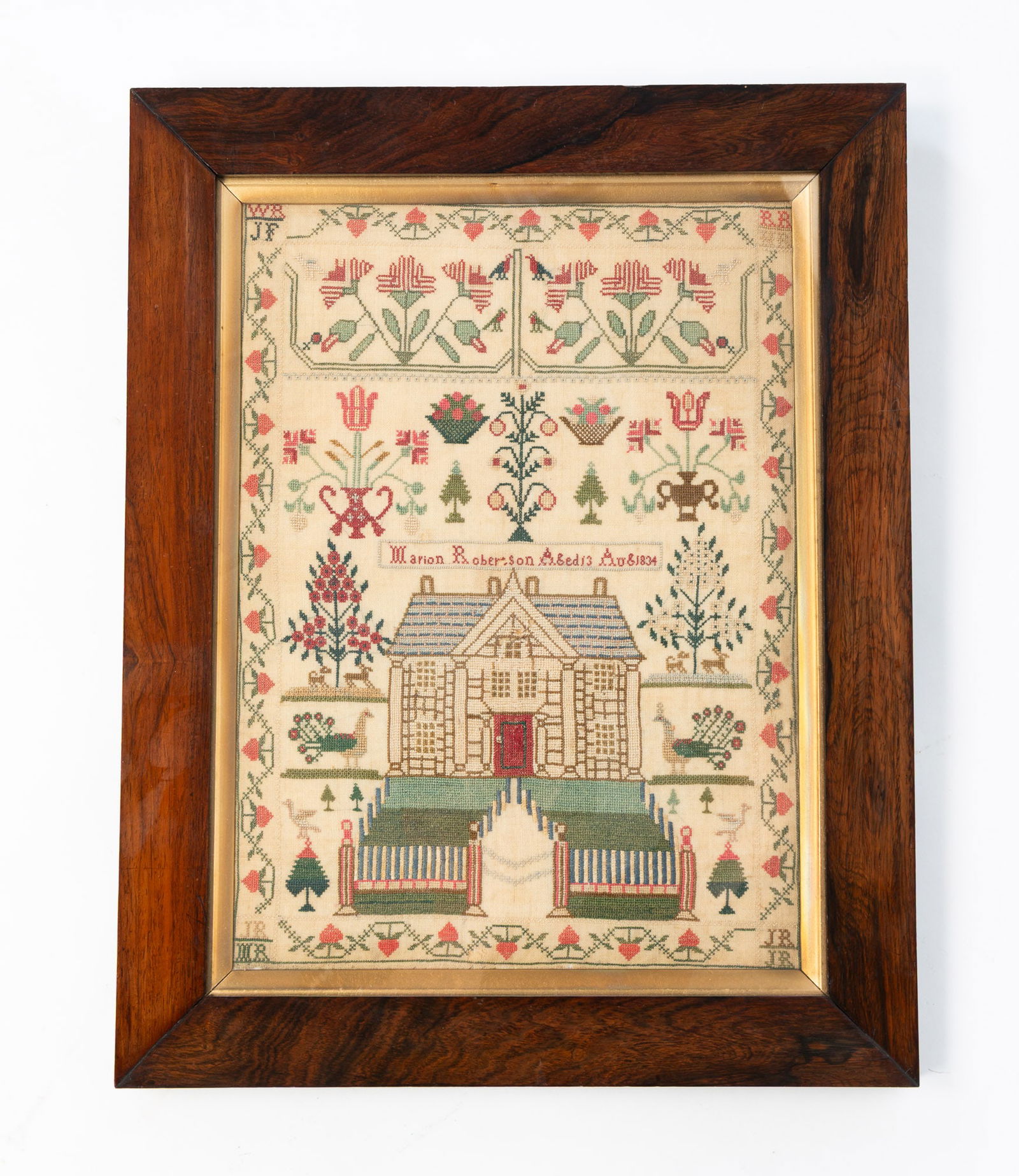 FINE MARION ROBERTSON (SCOTTISH, B. 1821) NEEDLEWORK SAMPLER, DATED 1834. (1 of 4)