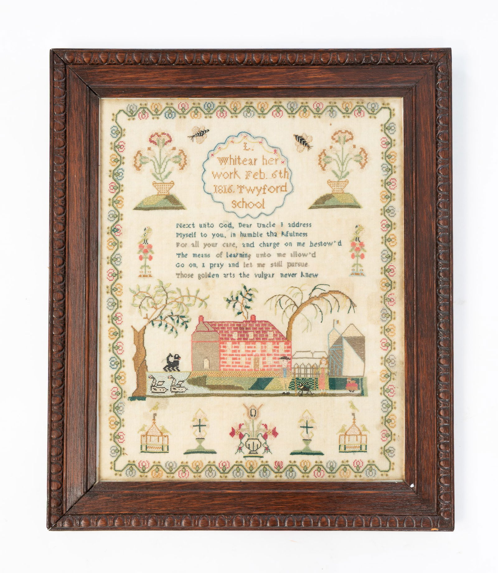 L. WHITEAR (ENGLISH, TWYFORD SCHOOL) NEEDLEWORK SAMPLER, DATED 1816. (1 of 4)