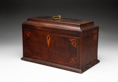 GEORGE III INLAID MAHOGANY TEA CADDY.