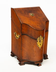 GEORGE III FIGURED MAHOGANY AND MARQUETRY KNIFE BOX.