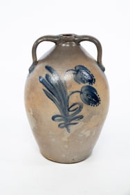 LARGE AMERICAN COBALT-DECORATED STONEWARE DOUBLE-HANDLED OVOID JUG.