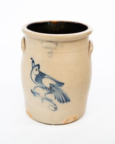 FOUR GALLON WEST TROY POTTERY STONEWARE HANDLED JAR.