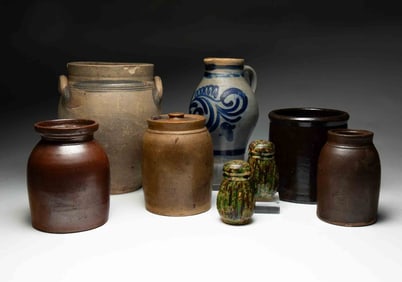 EIGHT PIECES OF STONEWARE.