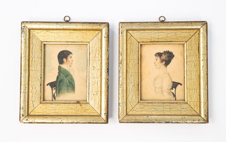 PAIR OF FINE AMERICAN SCHOOL DIMINUTIVE WATERCOLOR WEDDING PORTRAITS OF A HUSBAND AND WIFE.