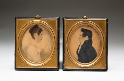 PAIR OF FINE AMERICAN SCHOOL MINIATURE WATERCOLOR PORTRAITS OF A HUSBAND AND WIFE.