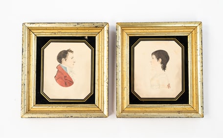 PAIR OF AMERICAN SCHOOL DIMINUTIVE WATERCOLOR WEDDING PORTRAITS OF A YOUNG MAN AND WOMAN.