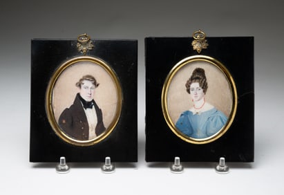PAIR OF MINIATURE GOUACHE WEDDING PORTRAITS OF A HUSBAND AND WIFE.