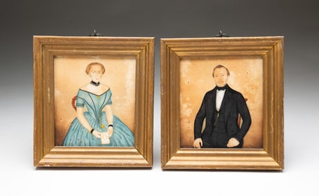 PAIR OF AMERICAN SCHOOL DIMINUTIVE WATERCOLOR AND GOUACHE PORTRAITS OF A MAN AND WIFE.
