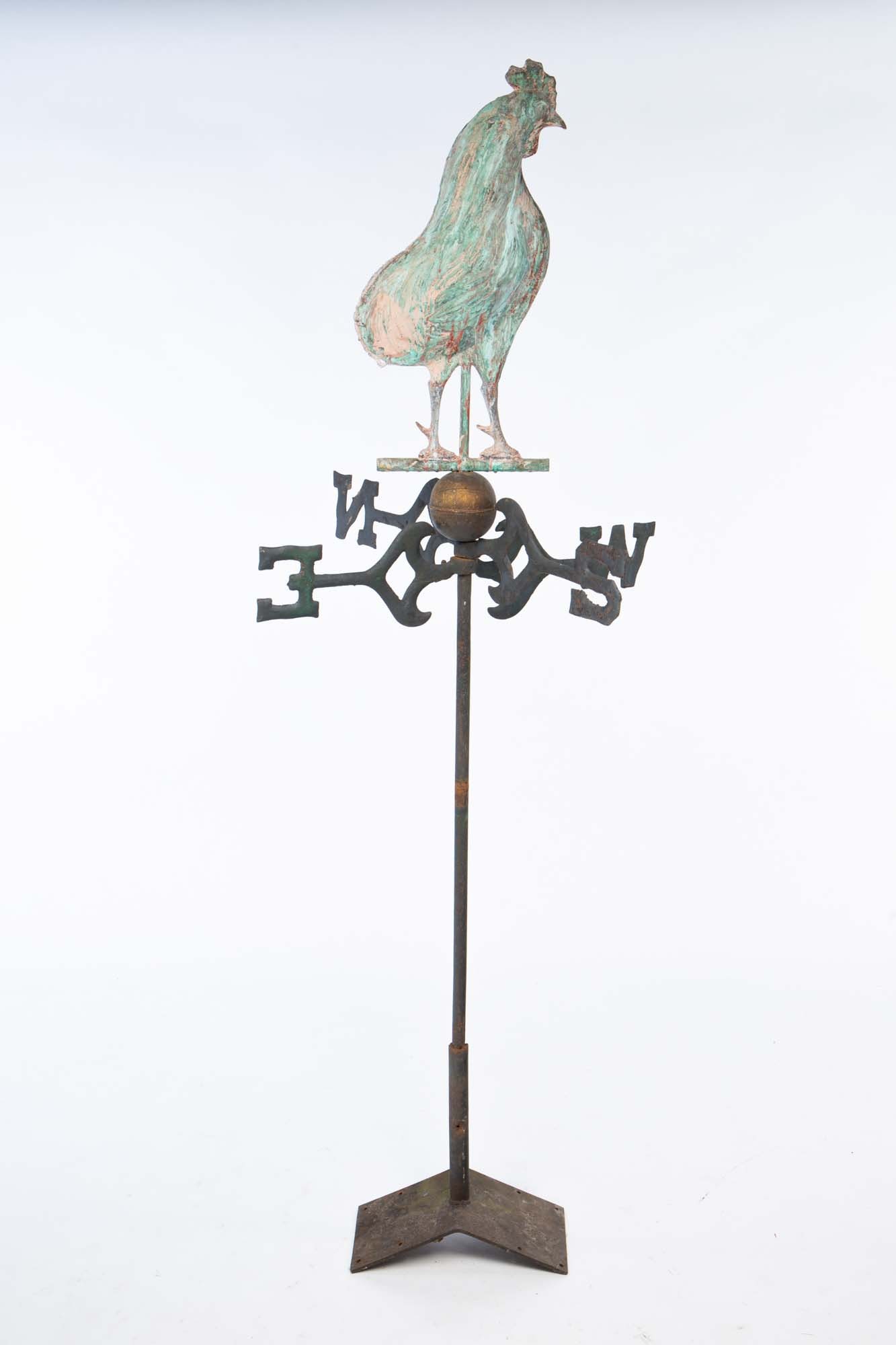 AMERICAN MOLDED COPPER AND CAST IRON FULL-BODIED ROOSTER WEATHERVANE WITH DIRECTIONALS. (1 of 5)