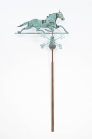 AMERICAN MOLDED COPPER FULL-BODIED RUNNING HORSE WEATHERVANE WITH DIRECTIONALS.