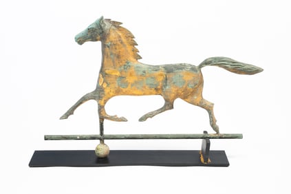 AMERICAN DIMINUTIVE MOLDED COPPER AND ZINC FULL-BODIED RUNNING HORSE WEATHERVANE.