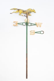 AMERICAN MOLDED COPPER FULL-BODIED RUNNING HORSE WEATHERVANE WITH CAST IRON DIRECTIONALS.