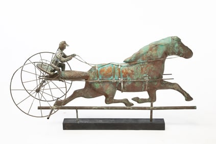 AMERICAN COPPER TROTTING HORSE AND SULKY WEATHERVANE.