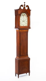 PENNSYLVANIA SHERATON CHERRY AND TIGER MAPLE-CROSSBANDED TALL CASE CLOCK.