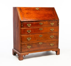 NEW ENGLAND CHIPPENDALE TIGER MAPLE SLANT-FRONT DESK.