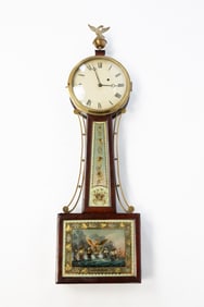 AMERICAN MAHOGANY BANJO CLOCK WITH REVERSE PAINTED TABLET.