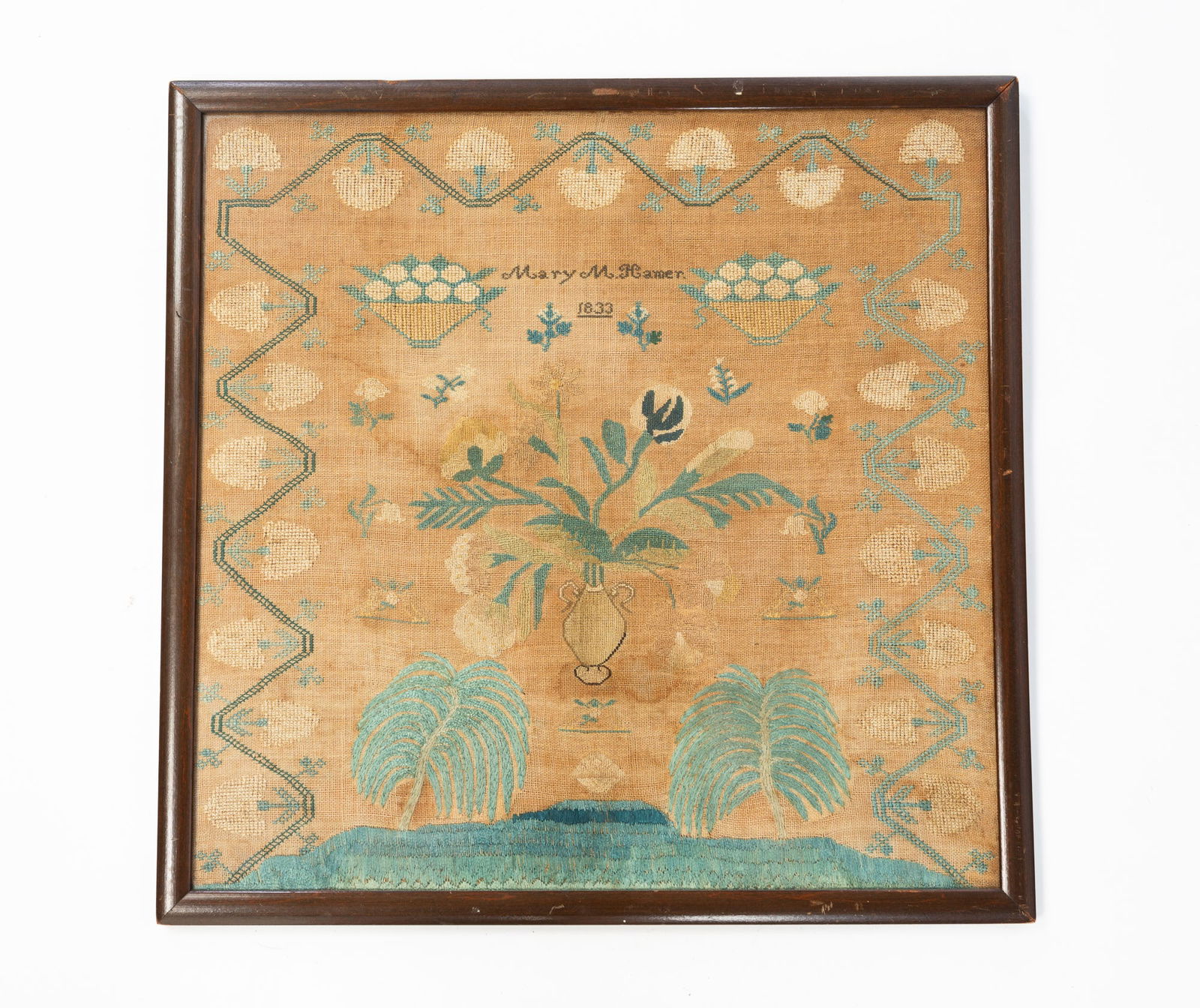 MARY M. HAMEN (AMERICAN) PETIT POINT NEEDLEWORK SAMPLER, DATED 1833. (1 of 3)