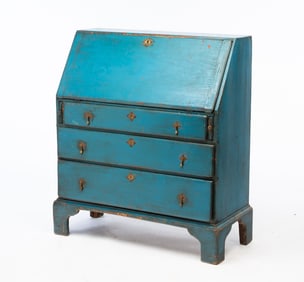 NEW ENGLAND CHIPPENDALE BLUE-PAINTED PINE SLANT-FRONT DESK.