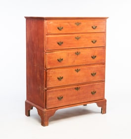 NEW ENGLAND CHIPPENDALE RED-PAINTED PINE THREE-DRAWER MULE CHEST.