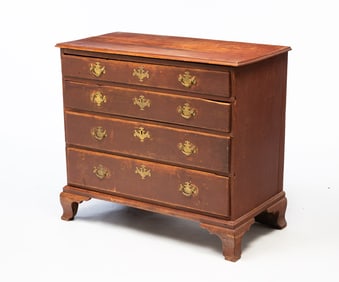 NEW ENGLAND CHIPPENDALE REDDISH-BROWN WASHED BIRCH FOUR-DRAWER CHEST.