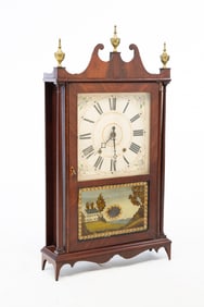LATE FEDERAL MAHOGANY PILLAR AND SCROLL MANTLE CLOCK.