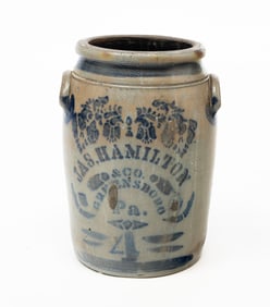 JAS. HAMILTON & CO. (GREENSBORO, PENNSYLVANIA) COBALT-DECORATED FOUR-GALLON STONEWARE CROCK.