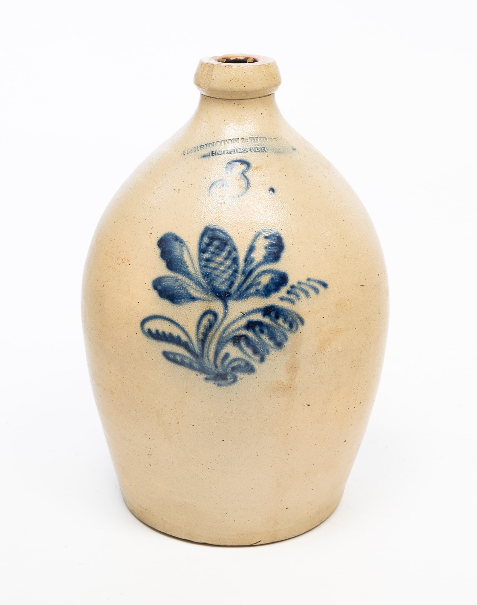 HARRINGTON & BURGER (ROCHESTER, NEW YORK) COBALT-DECORATED THREE-GALLON STONEWARE JUG. (1 of 5)