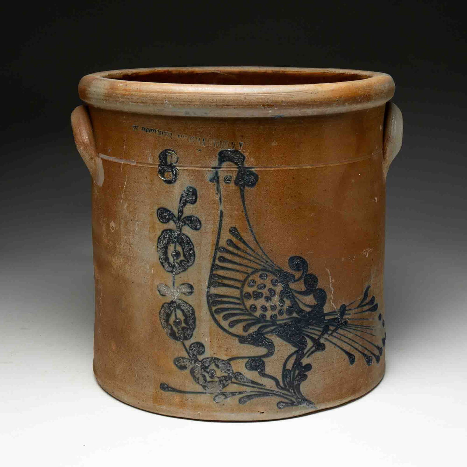 W. ROBERTS (BINGHAMTON, NEW YORK) COBALT-DECORATED STONEWARE THREE-GALLON CROCK. (1 of 7)