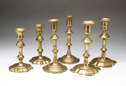 THREE PAIRS OF ENGLISH QUEEN ANNE CANDLESTICKS.