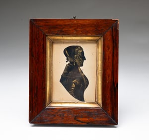 AMERICAN SCHOOL MINIATURE CUT PAPER AND GOLD INK PROFILE SILHOUETTE PORTRAIT OF A LADY.