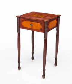 AMERICAN SHERATON TIGER MAPLE AND MARQUETRY ONE-DRAWER STAND.